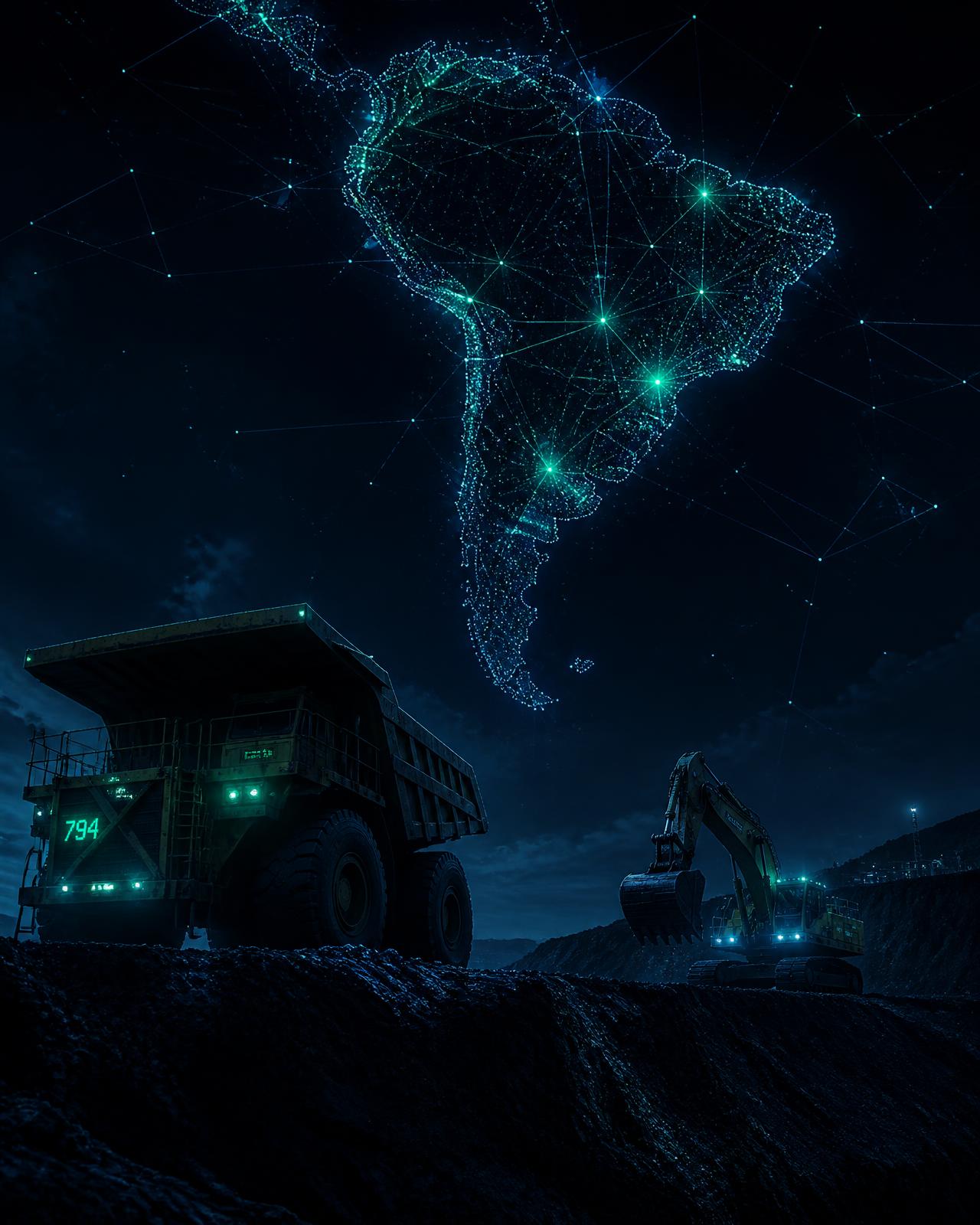 Operação de mineração noturna conectada por rede de dados